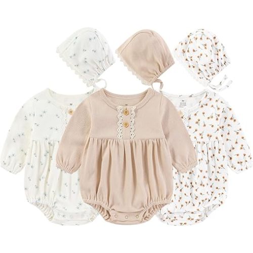 Baby Girl Outfit Cotton Bubble Romper Floral Dress Infant Girls Clothes 3-pack