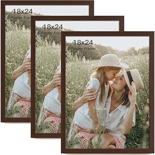 18x24 Frame Set of 3, Dark Brown Wood Grain 18x24 Poster Frame for Gallery Wall Mounting (3 Pack,Walnut)