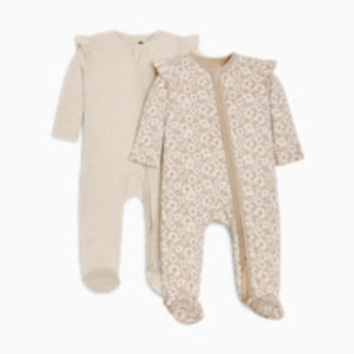 Small Story Organic Cotton Ruffle 2-Way Zip Footie (2 Pack) - Beige Floral & Oatmeal Heather, 0-3 M