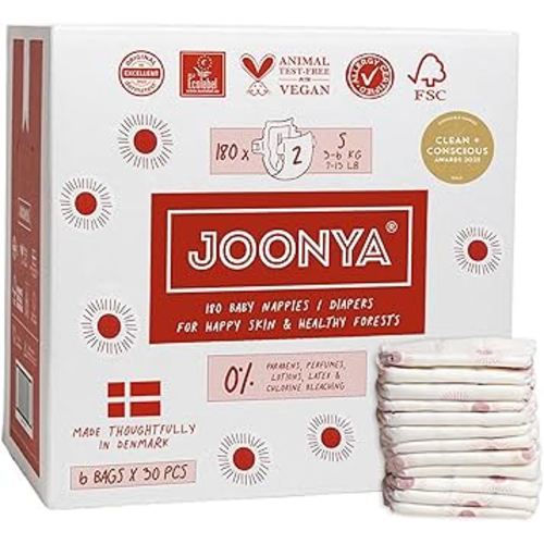 Joonya Baby Diapers, Size 2 S (7-13 lb) - 6 Bags of 30 (180) - New Range - NonToxic, Eco-Friendly, Ultra Slim, Overnight Use - Made in Denmark