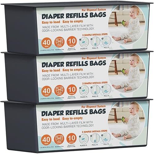 Upgrade Diaper Pail Refills Bags with 40 Bags Compatible with Genie Easy Roll Signature and Platinum Diaper Pails, 7-Layer Odor-Barrier Technology, 3 Pack (120 Bag)
