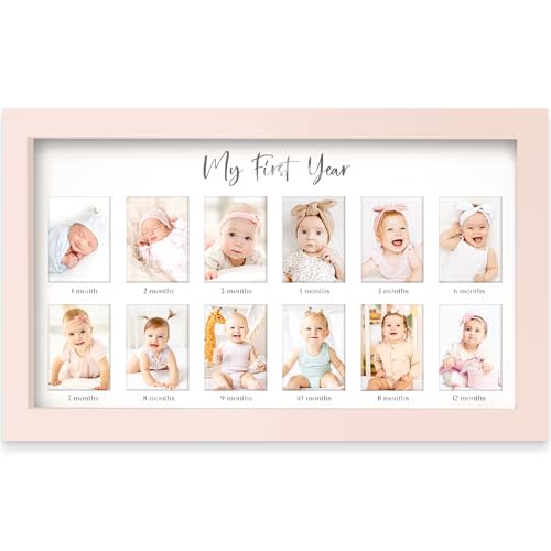 My First Year Photo Frame,12 Months Baby Picture Frame for Newborn Girl, Boy-Baby Shower Gifts Keepsakes,Monthly Baby's One Year Birthday Milestone,1st Nursery Photo Collage Display Board (Petal Pink)