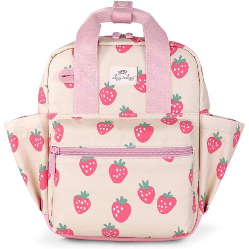 Itzy Ritzy Toddler Backpack - Daycare Bag - Features Adjustable Shoulder Straps, 2 Side Pockets & Spacious Interior with Wipeable Fabric Lining & Name Label, Strawberry Backpack