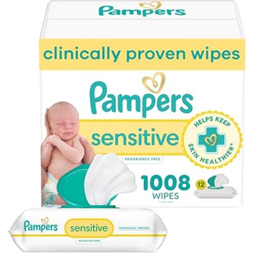 Pampers Sensitive Baby Wipes, Water Based, Clinically Proven, Hypoallergenic, and Unscented for Babies, 1008 Wipes Total (12 Flip-Top Packs) [Packaging May Vary]