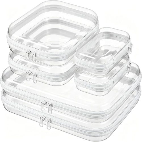 LOVEALERT 6 Pcs Clear Hard Shell Zipper Case – Clear Makeup Bag Set 2S/2M/2L, See-Through Hard Plastic Organizer Pouches with Double Zipper, Crush-Resistant Travel Toiletry Bag for Cosmetics,Toys