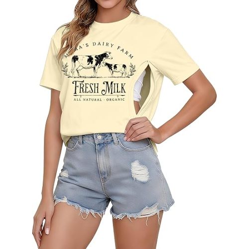 Women's Nursing Shirts for Breastfeeding Zipper Short Sleeves Mama Shirt Causal Maternity Nursing Graphic Tees Tops