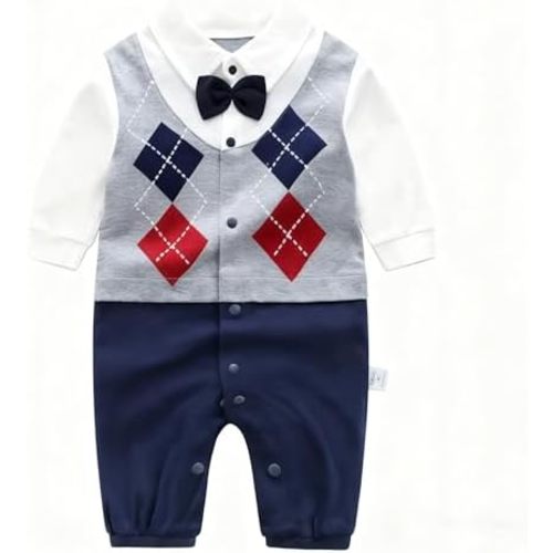 Baby Boys Gentleman Romper One-Piece Outfit (0-18 Months)