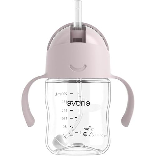 Evorie Tritan Weighted Straw Sippy Cup with Handles for Baby and Toddlers, Spill Proof Baby Water Bottle with Straw for 6 months and up, 7 Oz, Infant Training Water Bottle (Taro Purple)