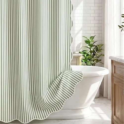 HunnmingRe Scalloped Farmhouse Striped Shower Curtain 72 x 72 Inch Sage Green Faux Linen Vintage Rustic Boho Stripe Shower Curtain with 12 Hooks for Bathroom Bathtubs Cottage Core Natural Decor