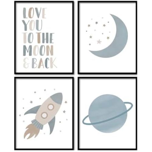 foedor Moon and Stars Space Neutral Wall Art Decor, 8x10 Set of 4
