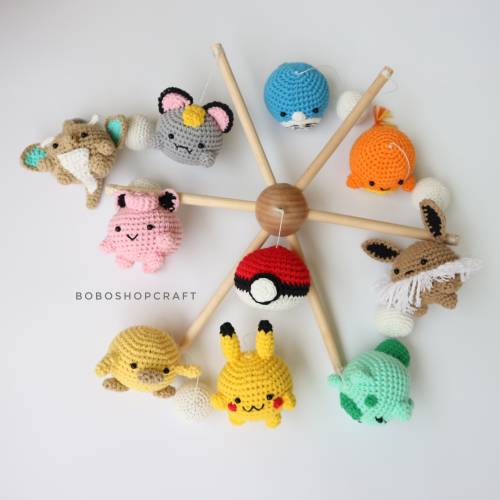 Baby mobile - Pokemon set Pikachu, Chikorita, Charmander, Jigglypuff, Manaphy, crochet baby mobile, nursery decor, crochet mobile,baby gift