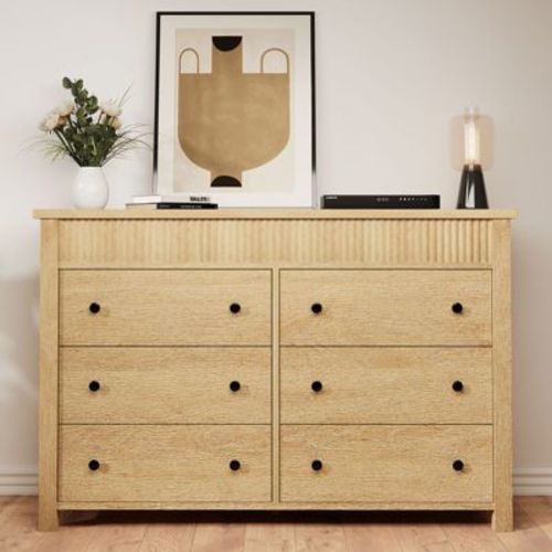 Garvee Fluted 6 Drawer Dresser, 6 Chest of Drawers with Fluted Design, 47" Wide Wooden Dresser Organizer for Bedroom Living Room Nursery