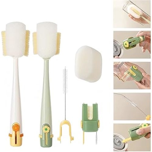 5-in-1 Multifunctional Cleaning Brush, 5 in 1 Bottle Cleaning Brush Set, Straw, Lid, Gap & Cup Brushes for Travel and Home Use (Yellow + Green)