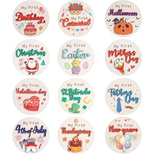 My First Holiday Milestone Signs, 12PCS Baby Holiday Milestone Double-Deck Cards, Wooden Discs Announcement Sign Newborn Photo Props for Baby Shower Party Supplies Gift
