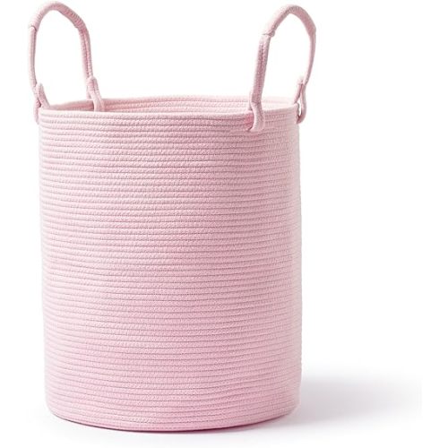 Laundry Basket – Laundry Hamper for Clothes, Blankets, Yoga Mat – Woven Cotton Rope Basket for Living Room, Nursery Room – Boho Style – 15”D x 18”H – Light Pink
