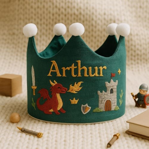 Dragon & Castle Birthday Crown, Personalized Medieval Fabric Crown for Kids’ Parties, First birthday crown, fabric baby crown, Party Crown