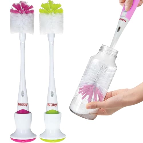 Nuby Bottle and Nipple Brush with Soft Bristles and Stand| 2 Pack: Pink & Lime Green| Bottle & Nipple Accessory Cleaning Brush with Drying Stand