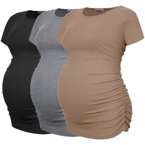 Smallshow Women's Maternity Shirts Ribbed Ruched Pregnancy Clothes Tops 3 Packs