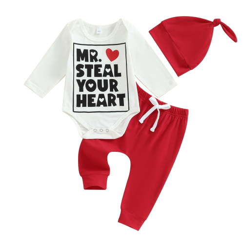 Bagilaanoe 3pcs Newborn Baby Boys Valentines Day Clothes Long Sleeve Romper Tops + Sweatpants + Hat 3M 6M 12M 18M Infant Pants Set