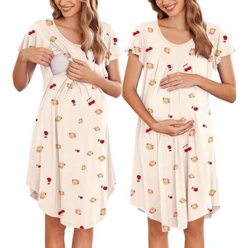 Ekouaer Nursing Nightown Labor and Delivery Gown for Hospital Pleated Breastfeeding Dress Short Sleeve Maternity Sleepwear