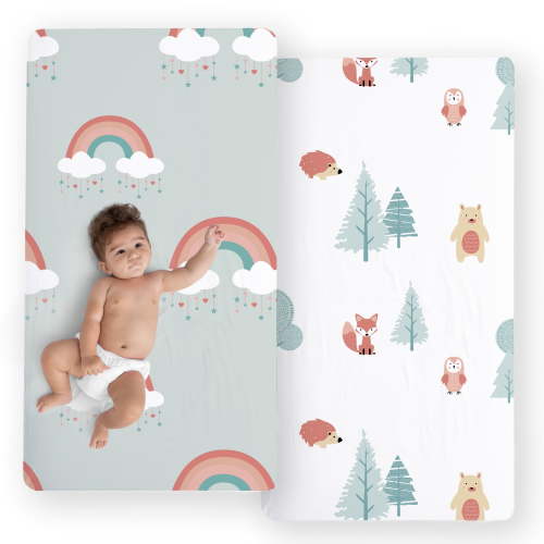 JumpOff Jo - 2 Pack Fitted Cotton Crib Sheet for Baby, Crib Mattress, 28 in. x 52 in. - Woodland Rainbow