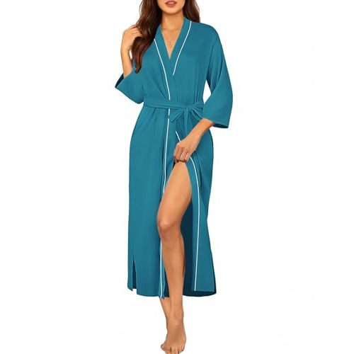 Ekouaer Robes for Women Long Knit Bathrobe Lightweight 3/4 Sleeves Kimono Robe Soft Sleepwear with Pockets S-XXL