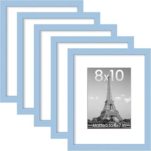 upsimples 8x10 Picture Frame Set of 5, Display Pictures 5x7 with Mat or 8 x 10 Without, Wall Gallery Photo Frames, Blue