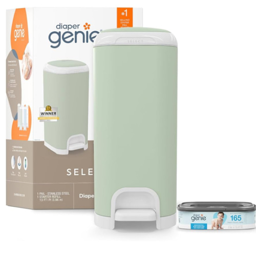 Diaper Genie Select Pail (Green) is Made of Durable Stainless Steel and Includes 1 Starter Square Refill That can Hold up to 165 Newborn-Sized Diapers.