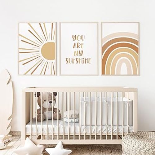 Baccone Boho Nursery Wall Art Baby Girl Wall Decor Kids Rainbow Canvas Wall Art You Are My Sunshine Pictures Toddler Sun Prints Nursery Artwork for Room Bedroom Set of 3 12x16 Inch Unframed
