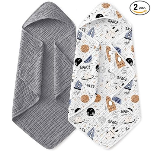 Yoofoss Hooded Baby Towels for Newborn 2 Pack 100% Muslin Organic Cotton Baby Bath Towel with Hood for Babies, Infant, Toddler and Kids, 32x32Inch, Soft and Absorbent Newborn Essential, Grey Planet