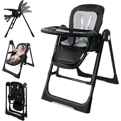 High Chairs for Babies and Toddlers Foldable High Chair Adjustable with Reclining Seat & Leg Rest, 3-in-1 Convertible Baby Swings with Tool-Free Assembly (Black)