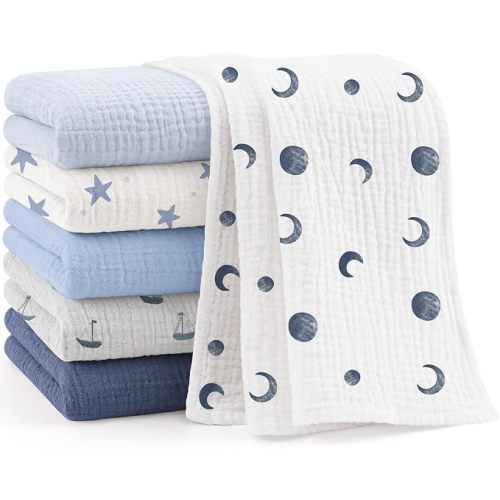 Bearmoss 6 Pack Muslin Burp Cloths for Baby, 100% Cotton Soft Large Burping Cloths for Unisex, Boy, Girl, 23.6" X 23.6" Newborn Essentials Absorbent Milk Spit Up Rags (Blue)