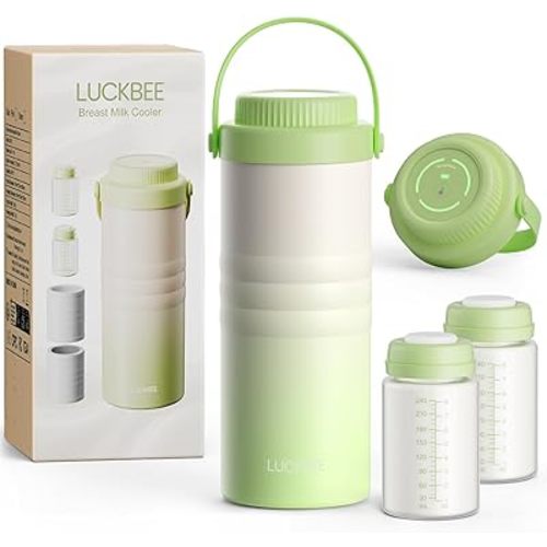 LUCKBEE Portable Breastmilk Cooler - 16oz Breast Milk Cooler Bottle with LCD Temp Display Cooling up to 24 Hours, Breastmilk Chiller with 2pcs Milk Storage Bottles, Breastfeeding Essentials for Baby