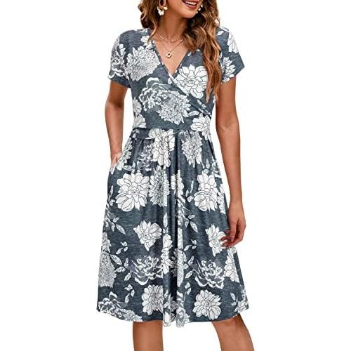 OUGES Maternity Nursing Dress Breastfeeding Short Sleeve V Neck Casual Pregnancy Clothes with Pockets