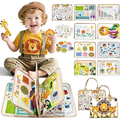 Busy Board Montessori Toys for Toddlers Birthday Gifts, Montessori Busy Book Sensory Board Educational Activity Book for Learning Fine Motor Skills, Airplane Travel Toys for Boy & Girl
