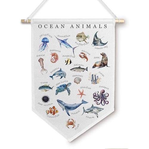 Ocean Alphabet Canvas Banner - Ocean Alphabet Banner Pennant Flag, Nursery Decor, 11 X 15 Inch