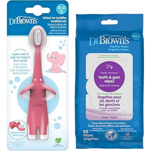 Dr. Brown's Infant-to-Toddler Training Toothbrush, Soft for Baby's First Teeth, Pink Elephant, 0-3 Years and Tooth and Gum Wipes, 30 Count