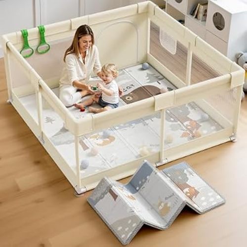 Fodoss Baby Playpen with Mat 47x47x26in, Safe Sturdy Baby Play Yard (Beige)