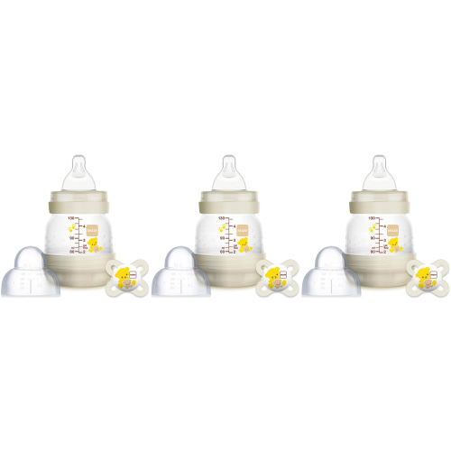 Mam Anti-Colic 4.5-Ounce Bottle with Pacifier Set, Teddy Bear, 0-2 Months (3 Sets)