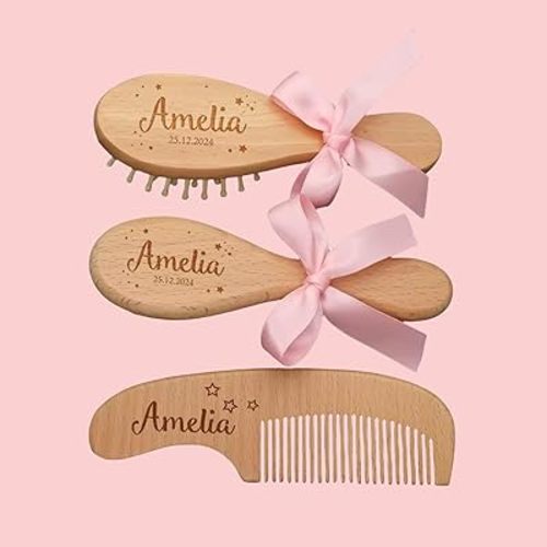 Personalized Baby Gift Newborn Hair Brush and Comb, Customized Engraved Baby Keepsake，Personalized Girls Brush and Comb Set， Wood Bristle Toddler Comb, Cradle Cap Brush(Pink)