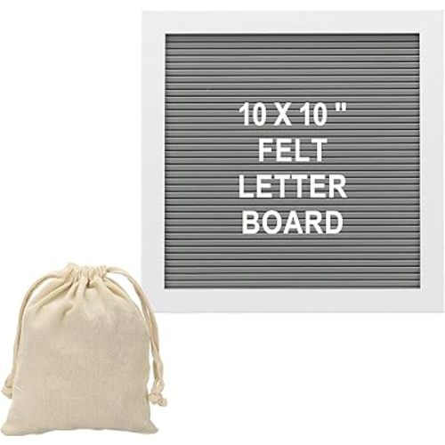 PATIKIL Felt Letter Board, 10x10Inches Gray White Wooden Changeable Message Board with Storage Bag Stand for Kitchen Menu Classroom Farmhouse Decor Notes, White Letter