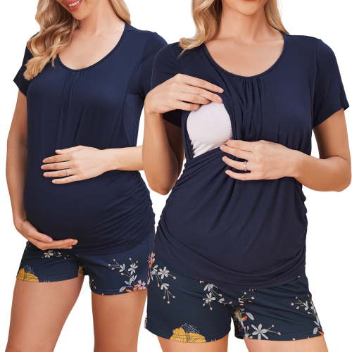 Avidlove Women Maternity Nursing Pajama Set Breastfeeding Sleepwear Set Double Layer Short Sleeve Top and Shorts Set Pregnancy Pjs Set