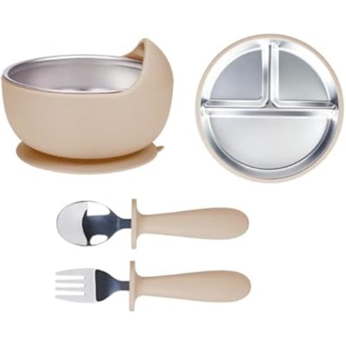 MOMERA Stainless Steel Baby Plate & Bowl Set with Suction | Divided Toddler Feeding Set | Durable, BPA-Free, Easy to Clean | Baby Tableware for Self-Feeding