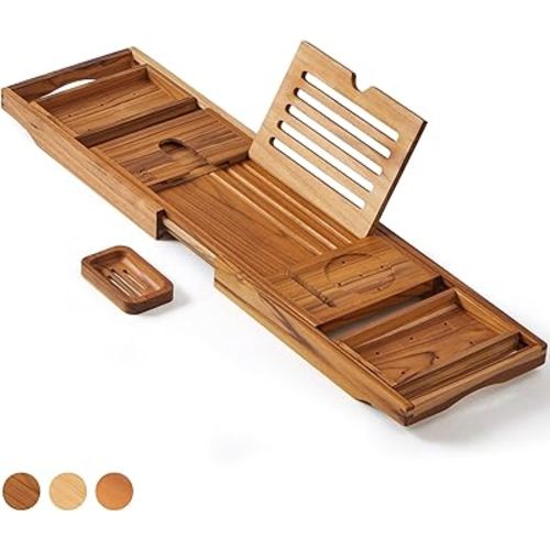 XcE Teak Bathtub Tray Expandable to 105cm with Solid Book Stand and Soap Tray, Teak