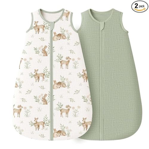 Konssy Muslin Baby Sleep Sack 6-12 Months 0.8 TOG, 2 Pack 100% Cotton Wearable Blanket for Babies, 2-Way Zipper Breathable Sleeping Sack Infant Toddler Essentials for Girls and Boys (Woodland,Sage)