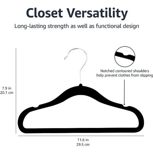 Amazon Basics Kids Velvet, Non-Slip Clothes Hangers for Infant and Toddler, 11.6 in (for baby clothes), Pack of 50, Black