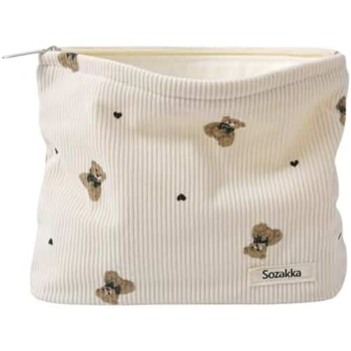 RSRSLEII - Bolsa de maquillaje de viaje de pana con patrón de oso, 02 beige