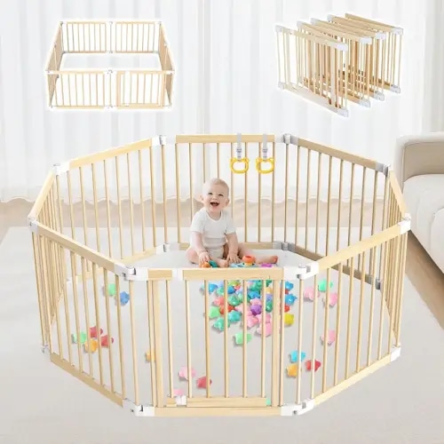 Foldable Wooden Playpen with Door: 8 Panel Adjustable Shape Playpen for Babies and Toddlers - 57"x57"x25" Large Kids Safety Activity Centre Play Yard with Pull Rings & Ocean Balls for Indoor Outdoor
