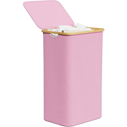 SpaceAid Laundry Hamper with Lid, 110L Large Tall Clothes Basket Bin with Bamboo Handles, Collapsible Laundry Hamper for Bedroom, Bathroom, Dorm, Laundry Room - Pink