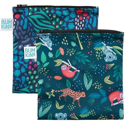 Bumkins Reusable Sandwich and Snack Bags, for Kids School Lunch and for Adults Portion, Washable Fabric, Waterproof Cloth Zip Bag, Travel Pouch, Food-Safe Storage, Large 2-pk Jungle